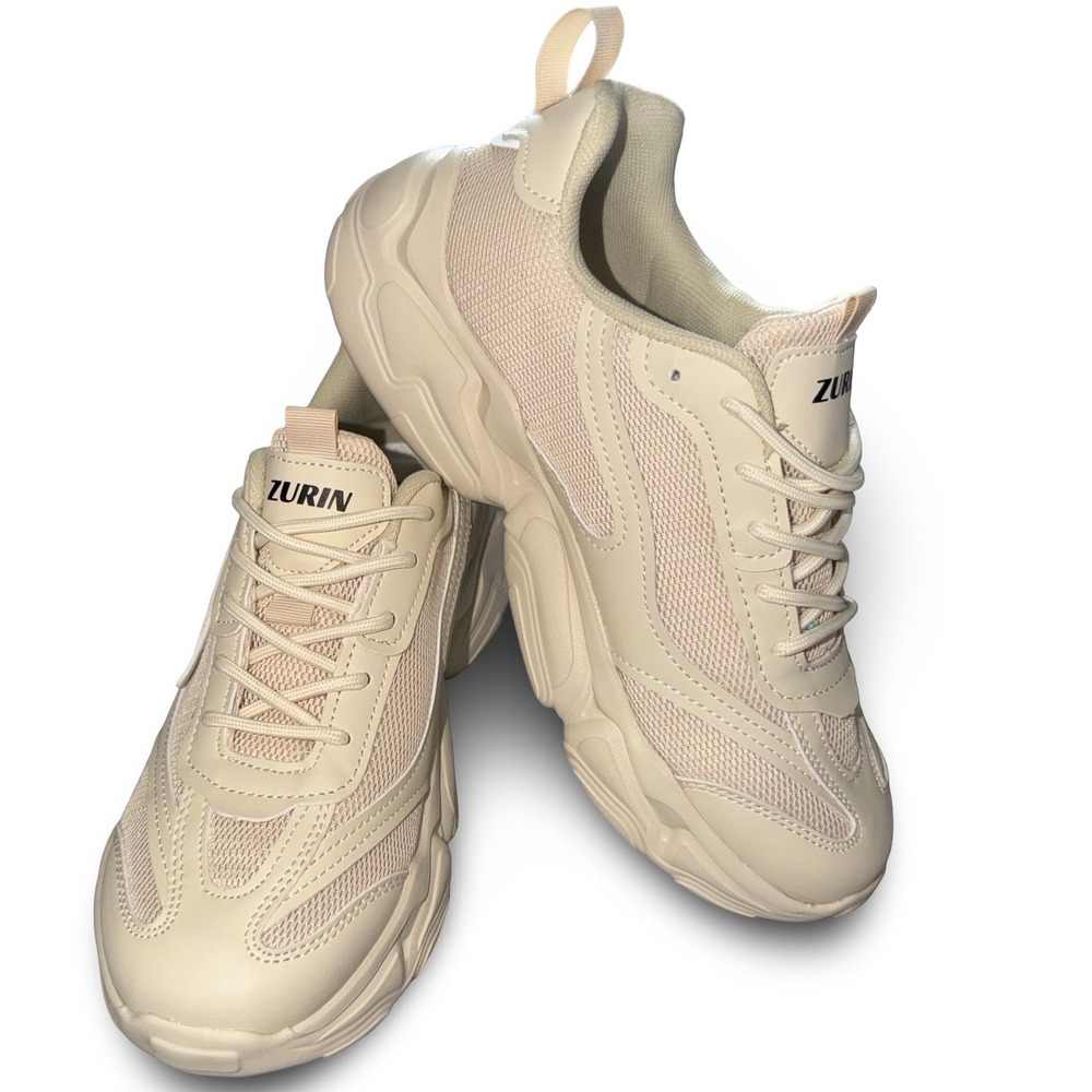 ZURIN Womens Chunky Platform Sneakers Beige Mesh Lace Up Dad Shoes Sz 8 NEW